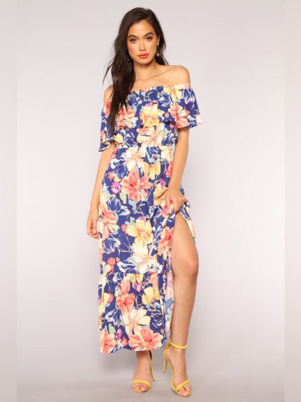 NWOT - Fashion Nova Full Blossom Floral Navy Off-Shoulder Floral Maxi Dress